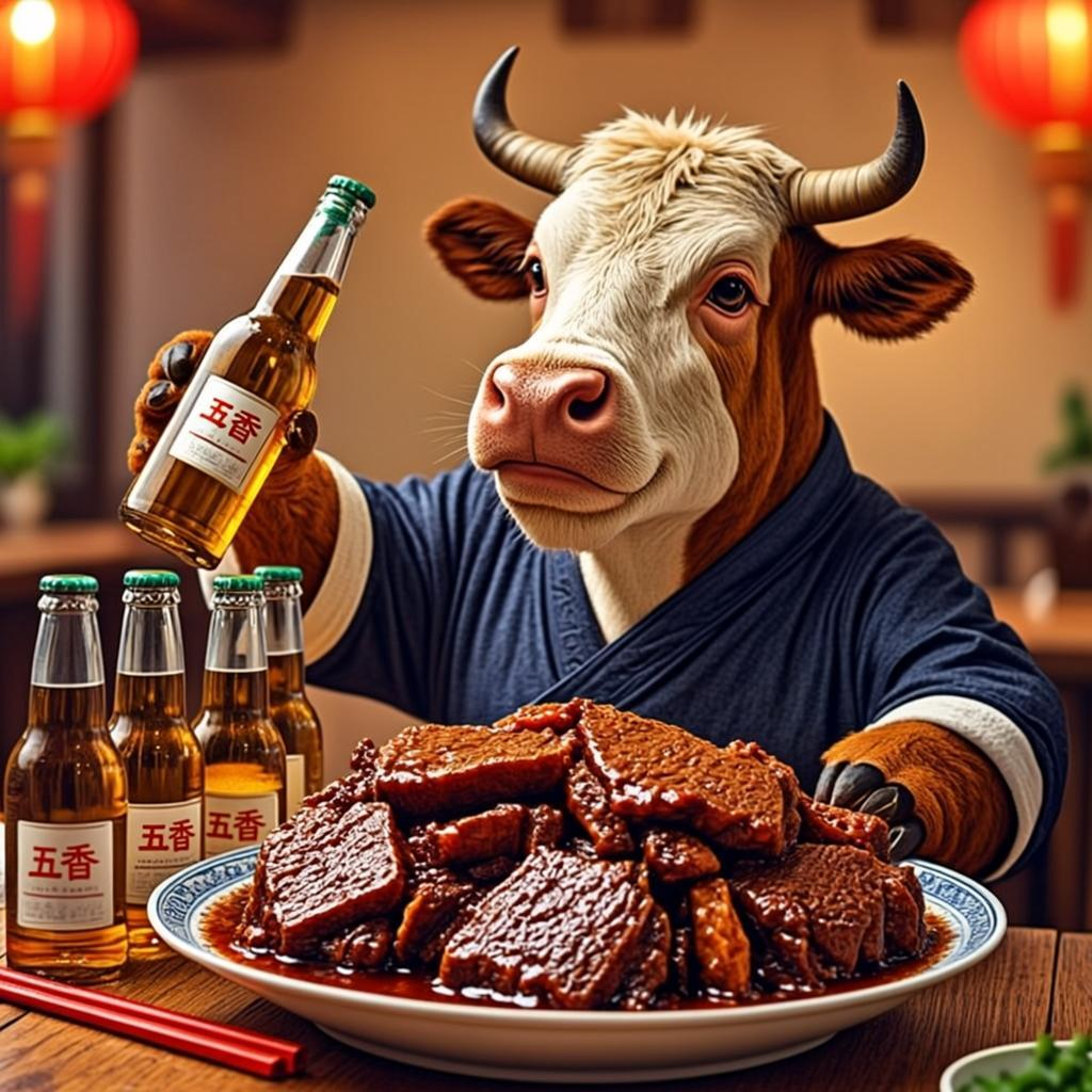一份五香牛肉，六瓶啤酒打一个准确的生肖，词语诠释解释